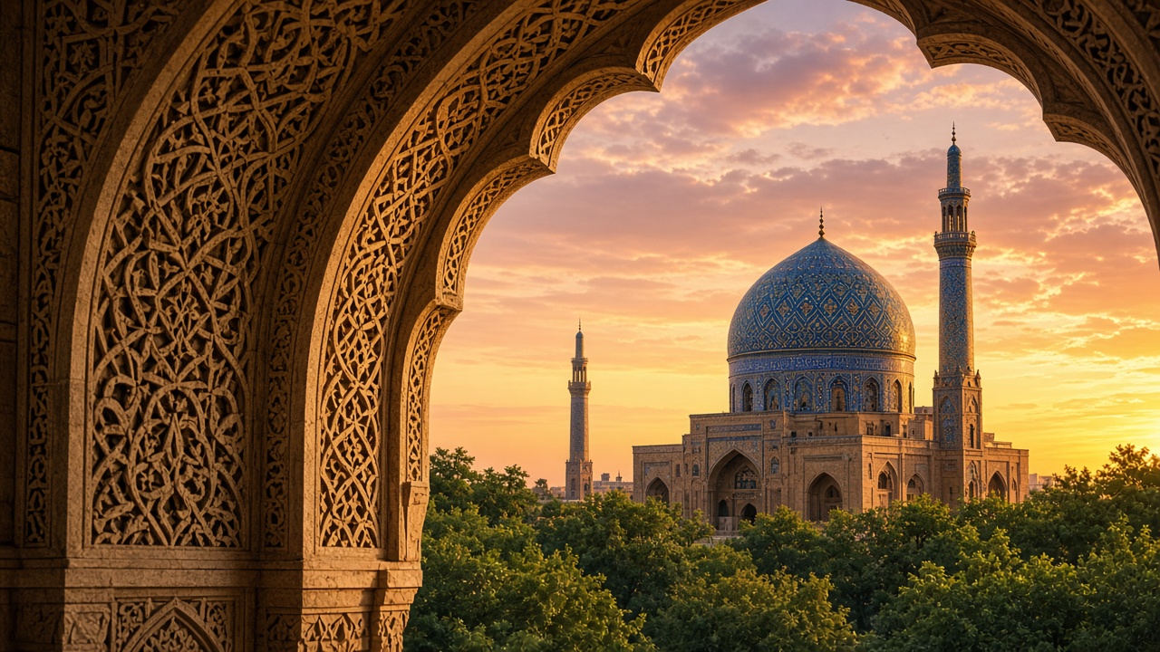 Mosque viewed through ornate Islamic arches at sunset