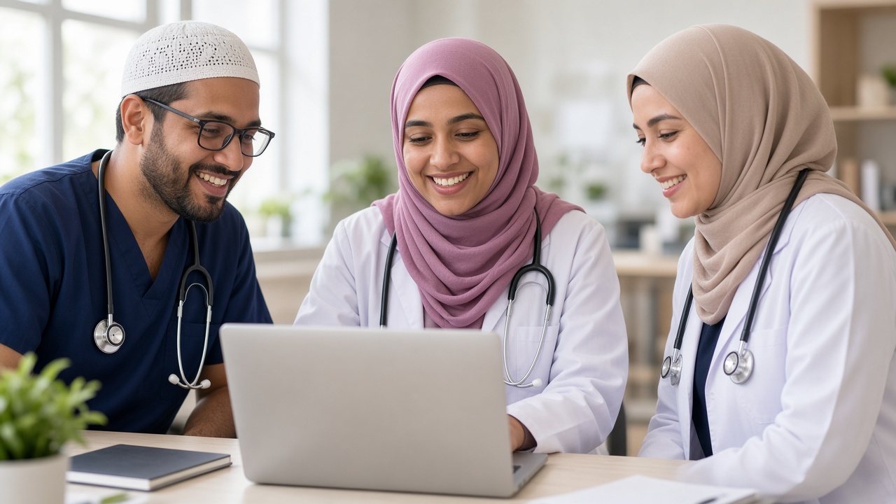 Healthcare professionals collaborating around a laptop