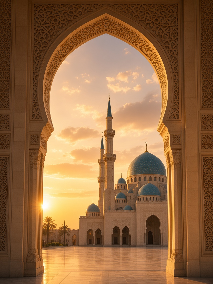 Mosque through an ornate arch