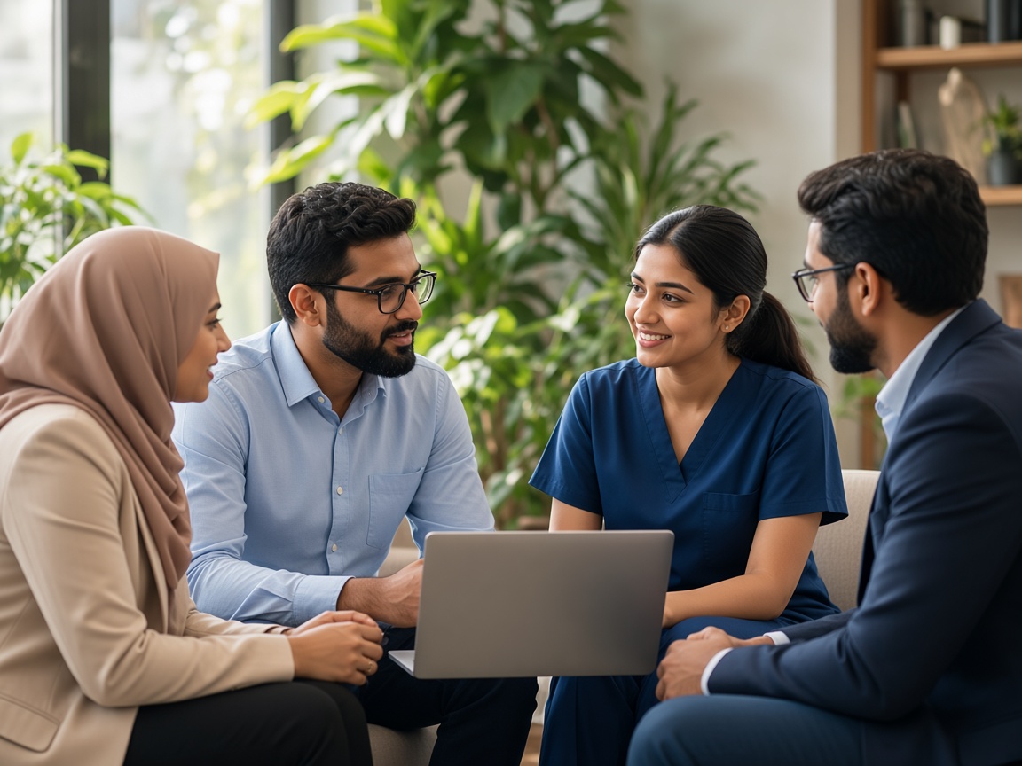 Students and clinicians talking together around a laptop